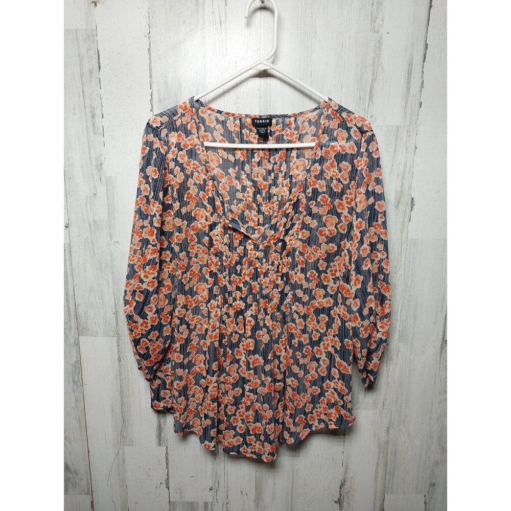 Torrid Blue and Orange Floral Top Womens 1X Boho Sheer Pleated Popover